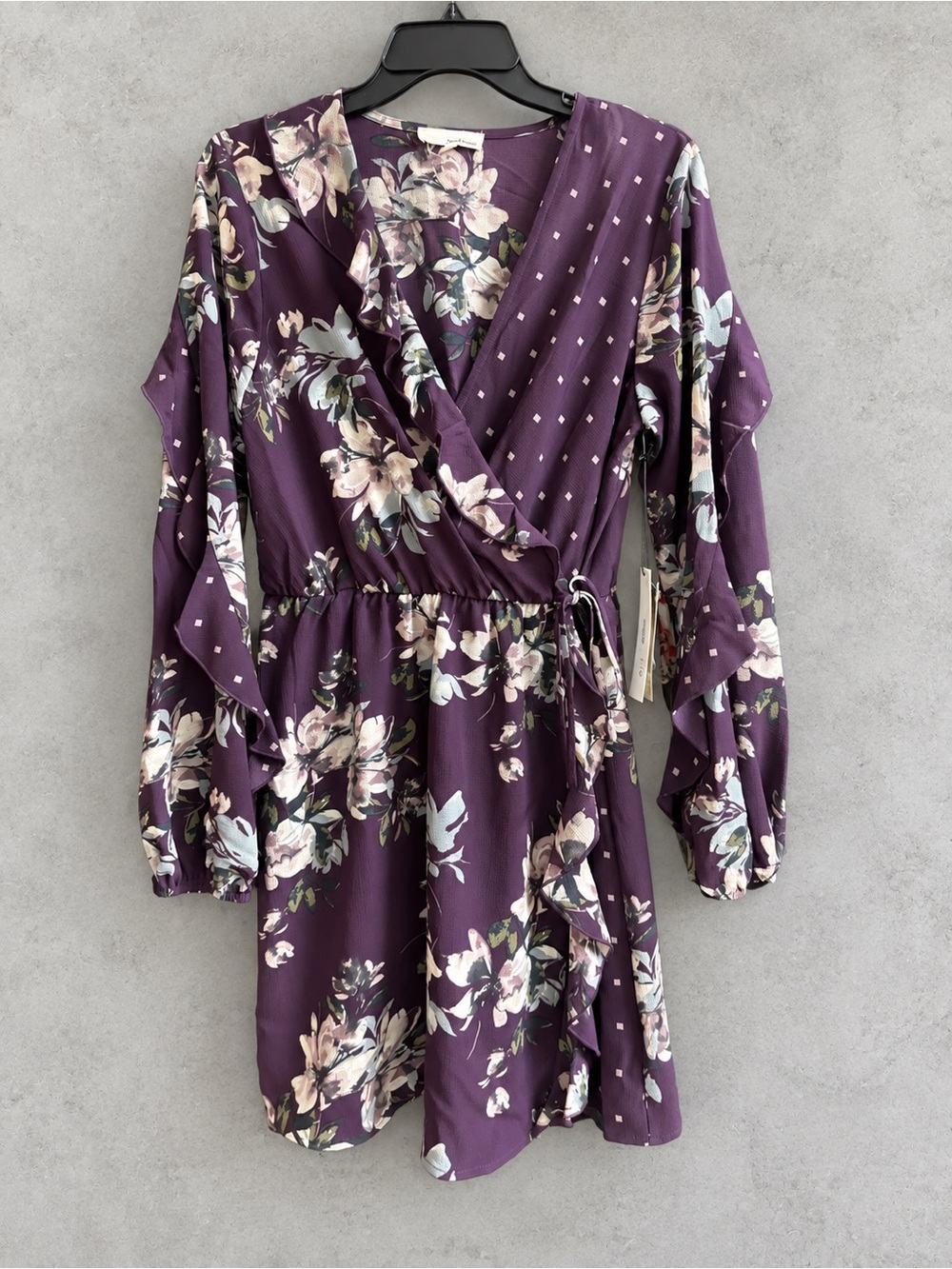 June & Hudson Purple Floral Ruffle Long Sleeve Wrap-Look Dress